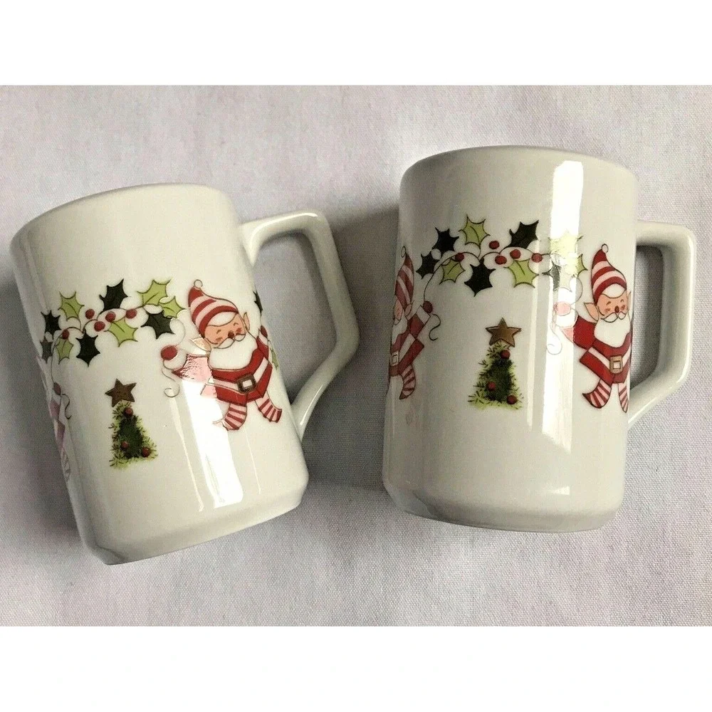 Santa Elf Salt and Pepper Shakers Japan MCM with handles Porcelain Christmas EUC